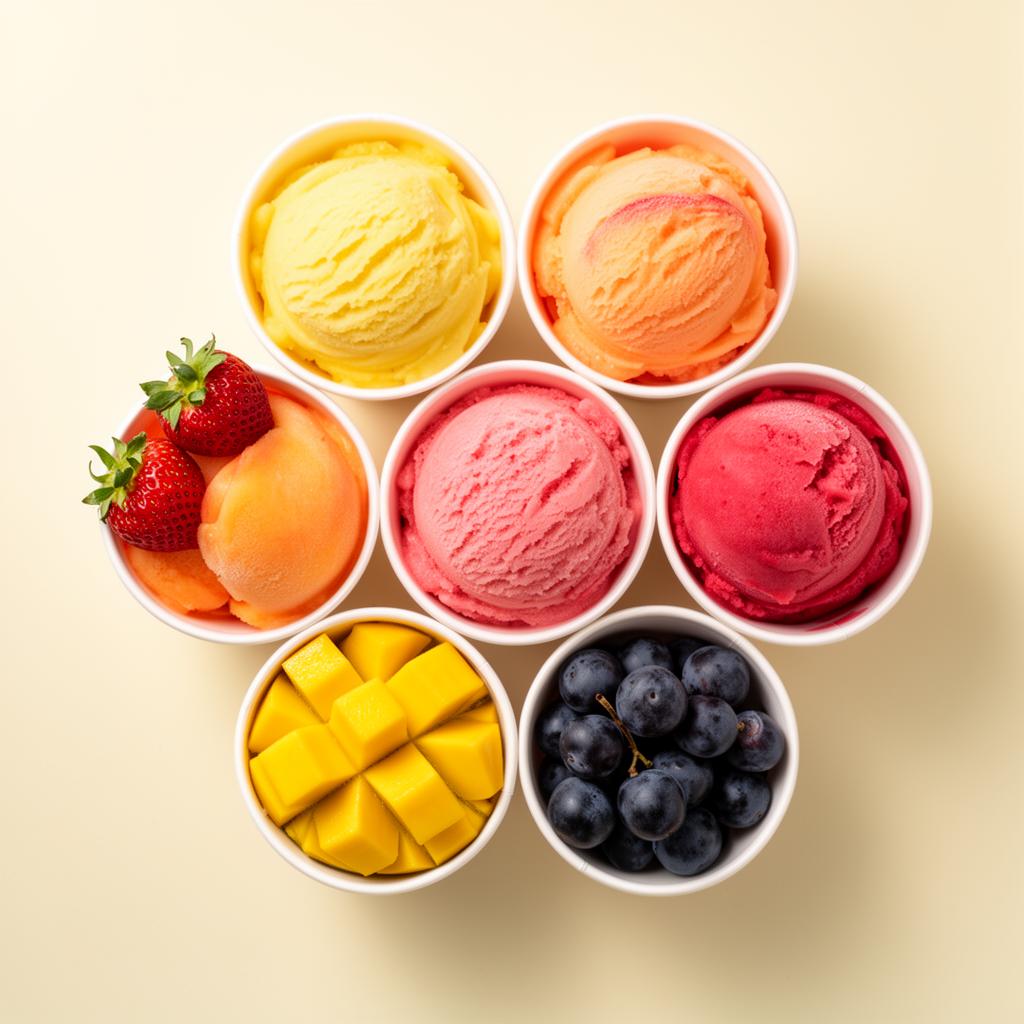 Colorful Dream Cream sorbet cups — mango, peach, strawberry, pineapple and grape